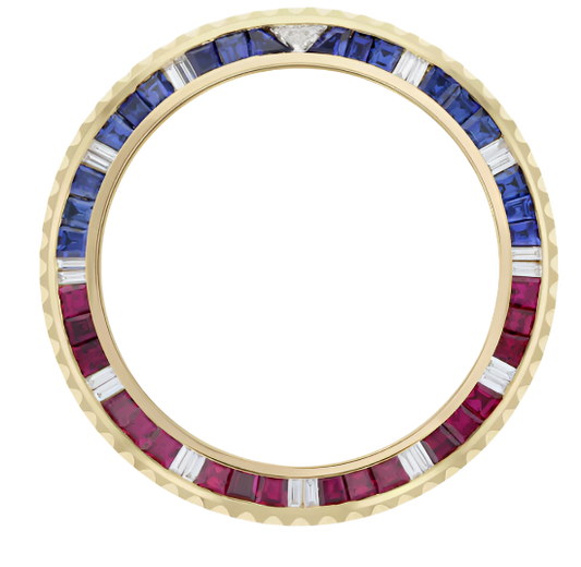 Custom Bezel Diamonds Yellow Gold (Pepsi) Red/Blue Princess Cut Baguette 14k