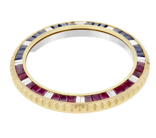 Custom Bezel Diamonds Yellow Gold (Pepsi) Red/Blue Princess Cut Baguette 18K
