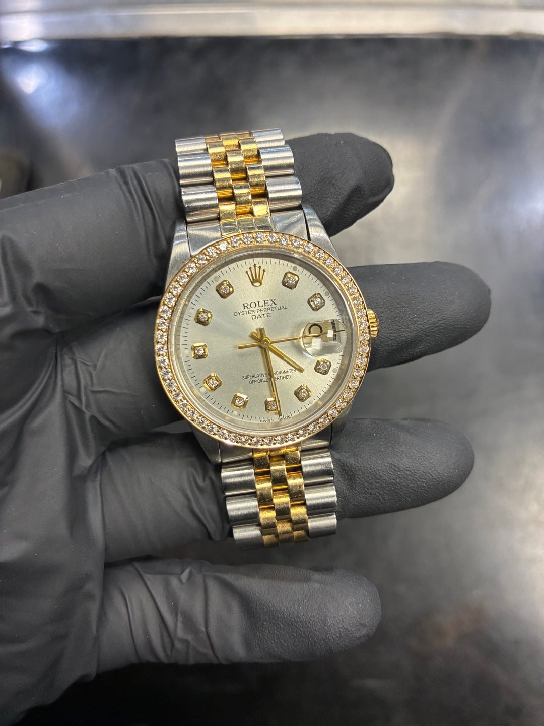 34mm Pave Two Prong 1.00ct Custom Diamond Bezel 14K Yellow Gold