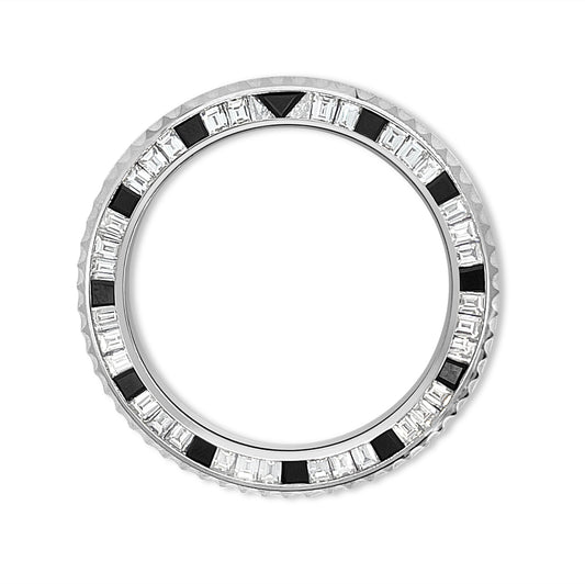 36mm Custom GMT Black Quartz Diamond Bezel 14K White Gold Fluted / H/I-SI2