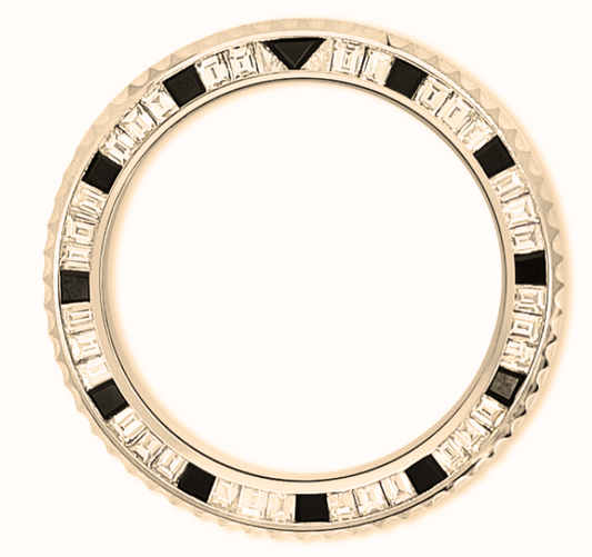 36mm 14K Yellow gold. For GMT. 12 black quartz, 36 white diamonds